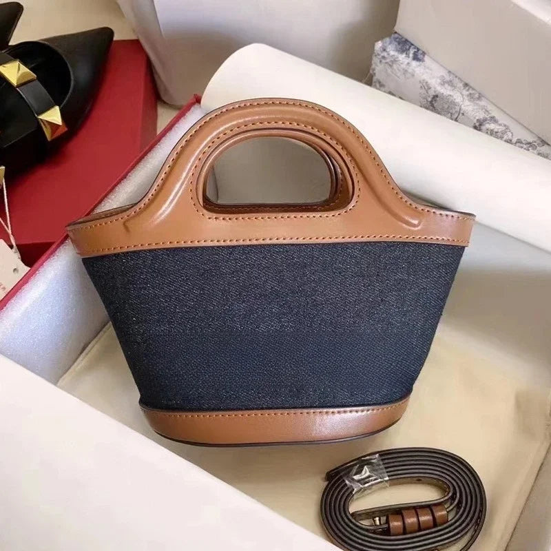 Denim Leather Tote Bag with Embroidery and Detachable Strap