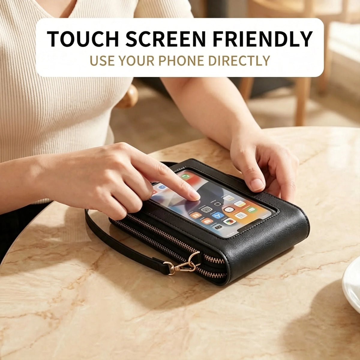 Women PU Leather Shoulder Bag With Touch Screen Window Zipper