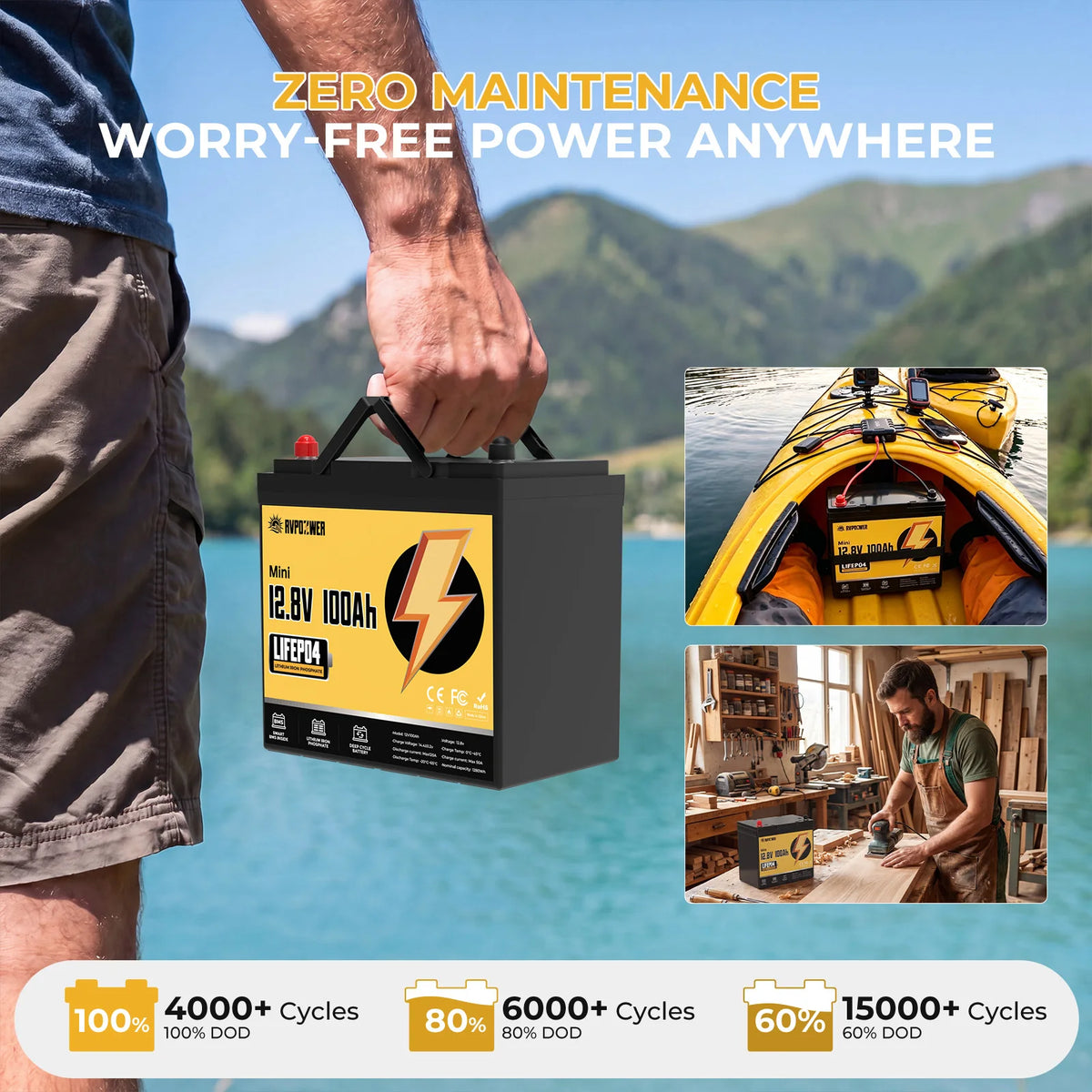 RVPOZWER 12V 100Ah LiFePO4 Battery With Integrated 120A BMS