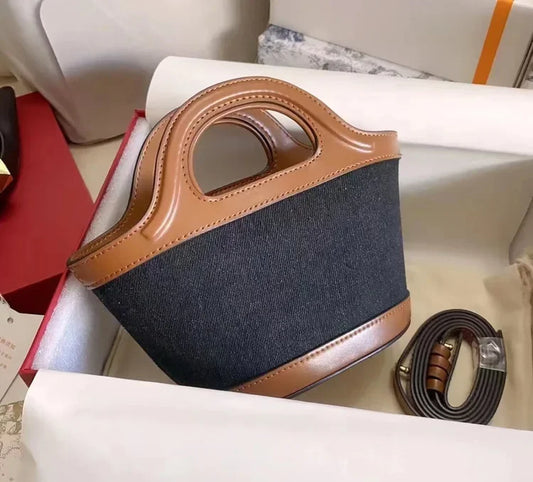 Denim Leather Tote Bag with Embroidery and Detachable Strap