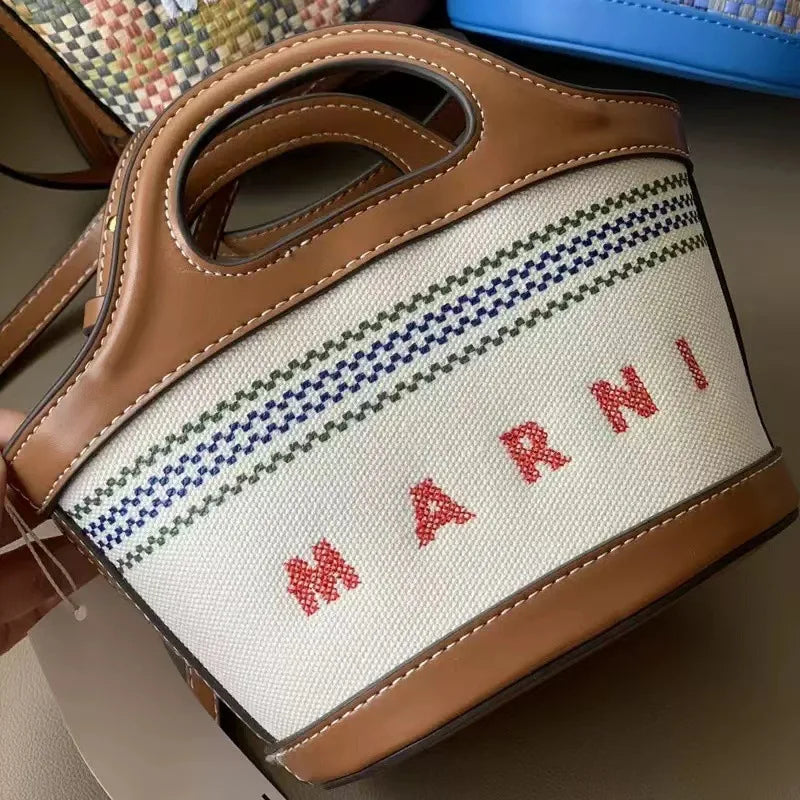 Denim Leather Tote Bag with Embroidery and Detachable Strap