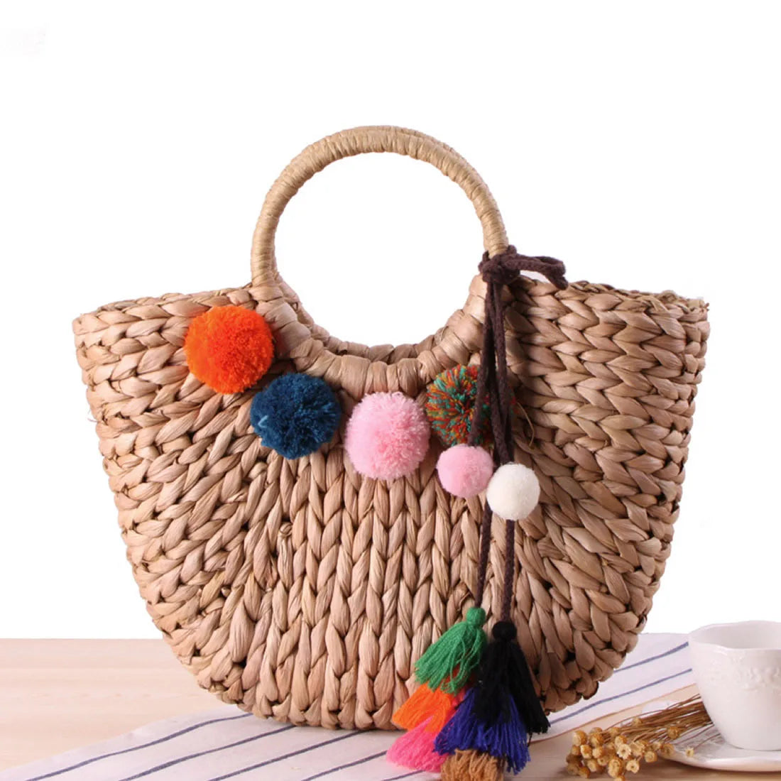 YYW Straw Woven Handbag Beach Tote Bag Handmade Shopping