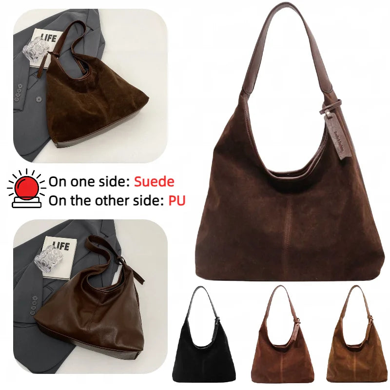 Women Suede Tote Bag Magnetic Closure Shoulder Handbag PU