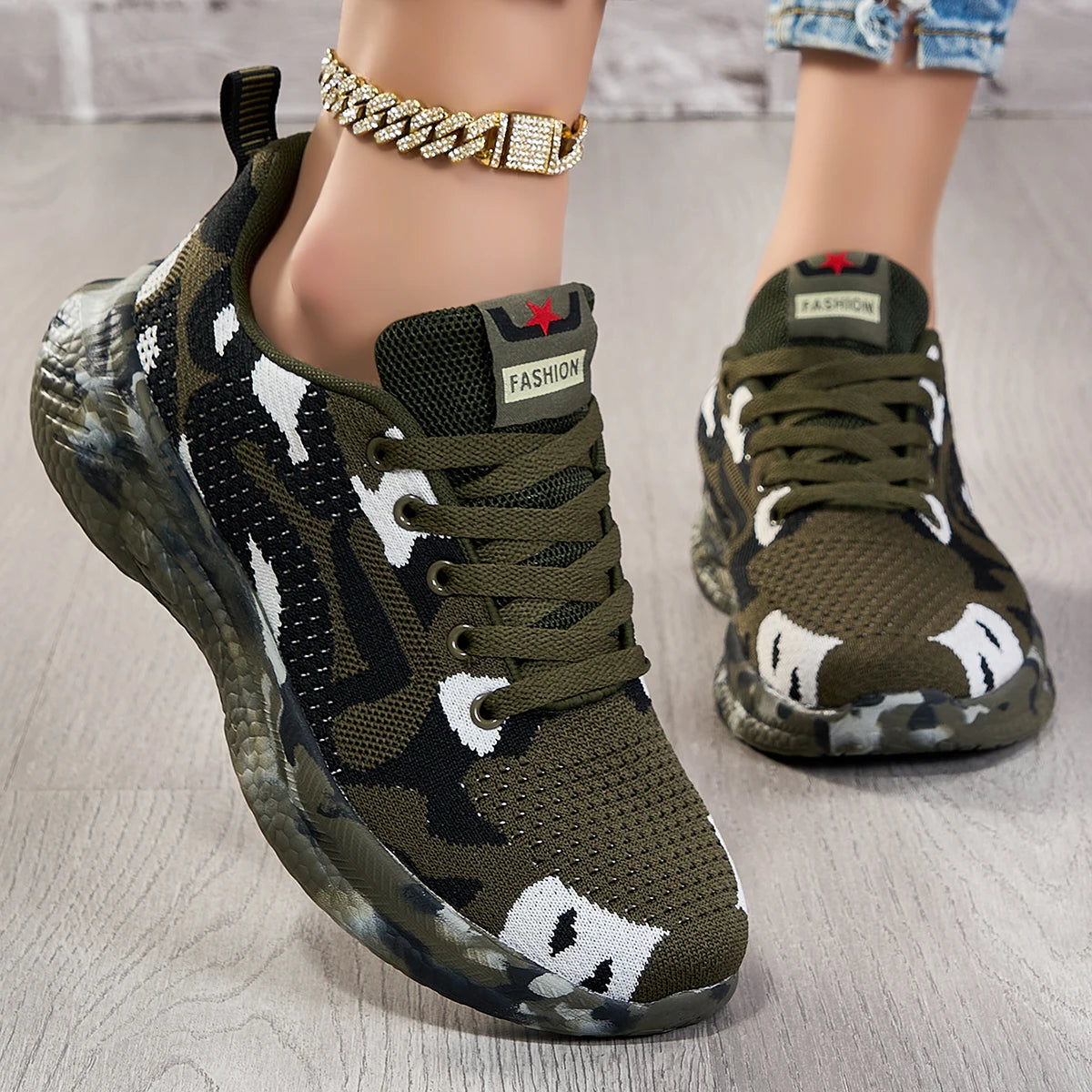 Women Camo Flyknit Sneakers Breathable Mesh Lace-Up Shoes