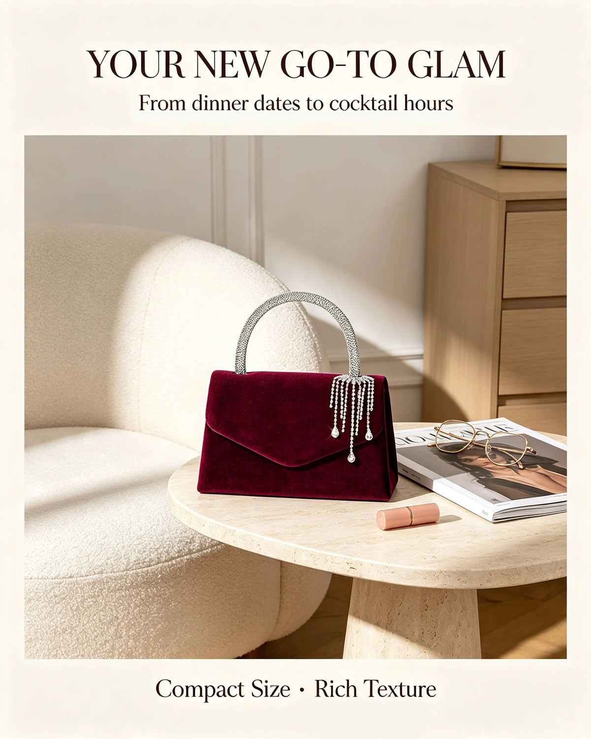 Women Velvet Envelope Clutch Featuring Rhinestone Chain Accent