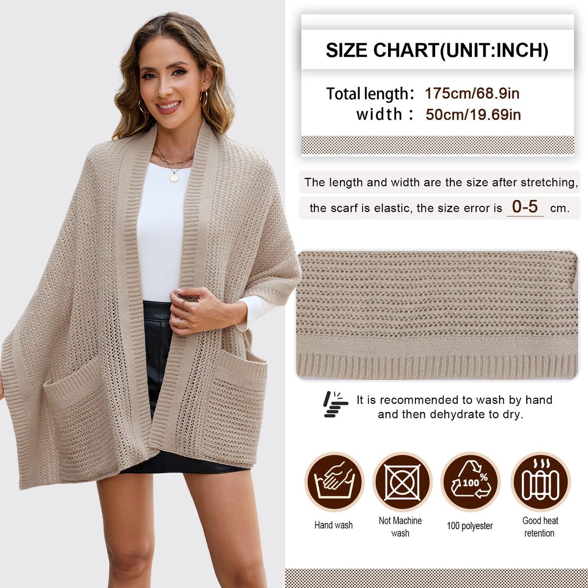 Multifunction Knitted Scarf Shawl With Pocket Neck Warmer Wrap
