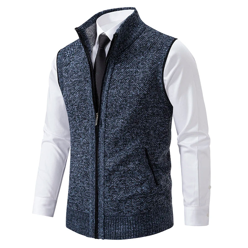 Men's Knit Zipper Vest Mandarin Collar Sleeveless Casual