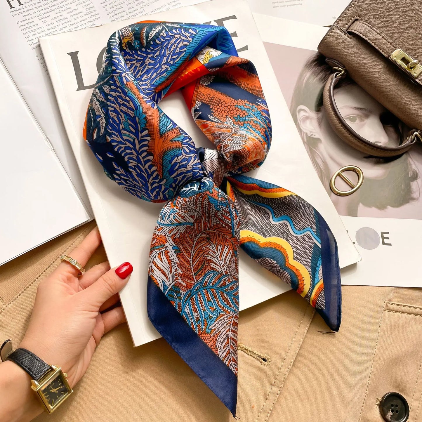 Floral Print Square Scarf For Women Satin Look Polyester