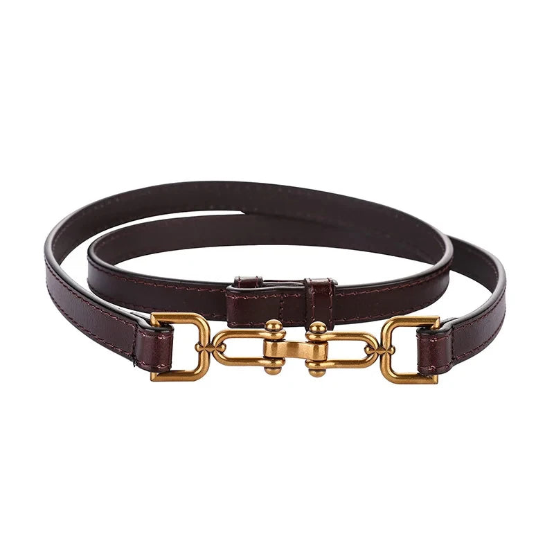 Womens Adjustable Thin Leather Belt With Decorative Buckle