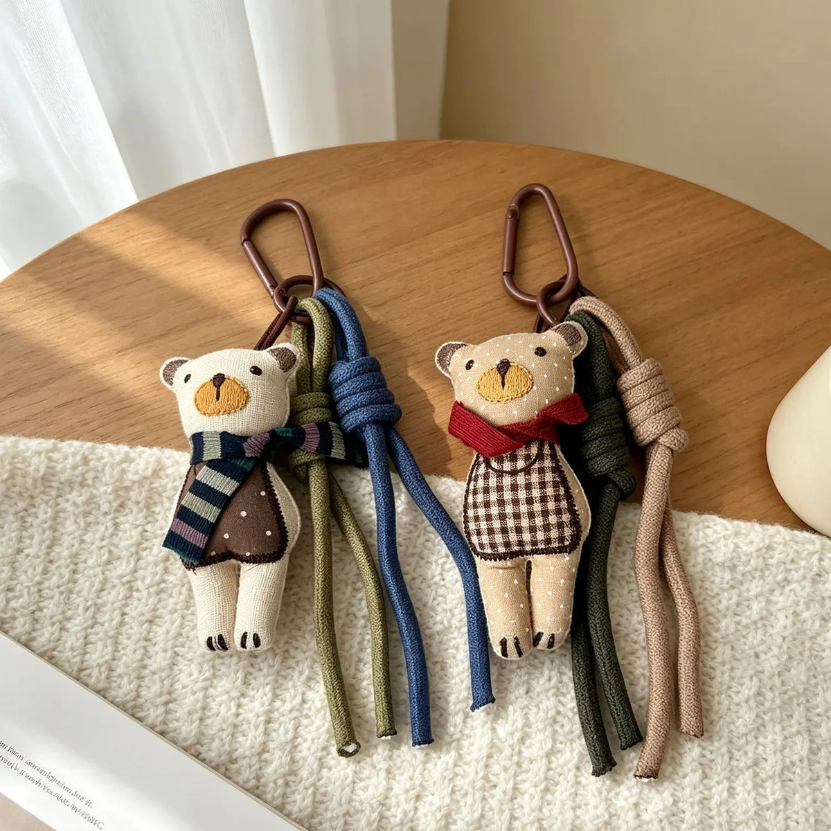 Adorable Teddy Bear Fabric Bag Charm With Scarf Braided Clip