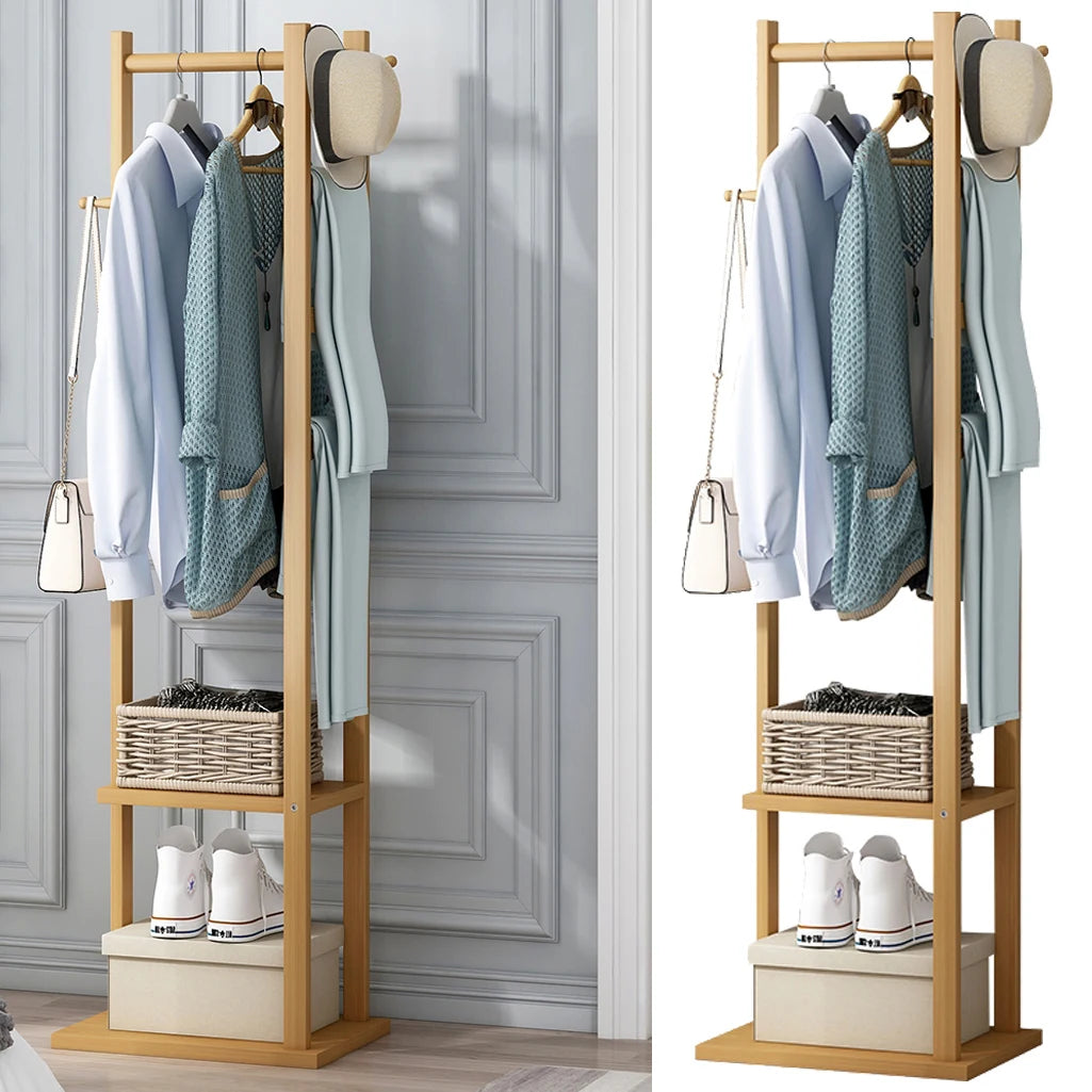 Bamboo Garment Coat Rack With Wooden Hanger Holder Shelf