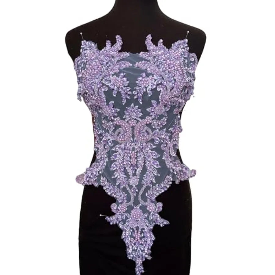 Handmade Bodice Rhinestones Applique Crystal Trim Glass Beads Lace Patches