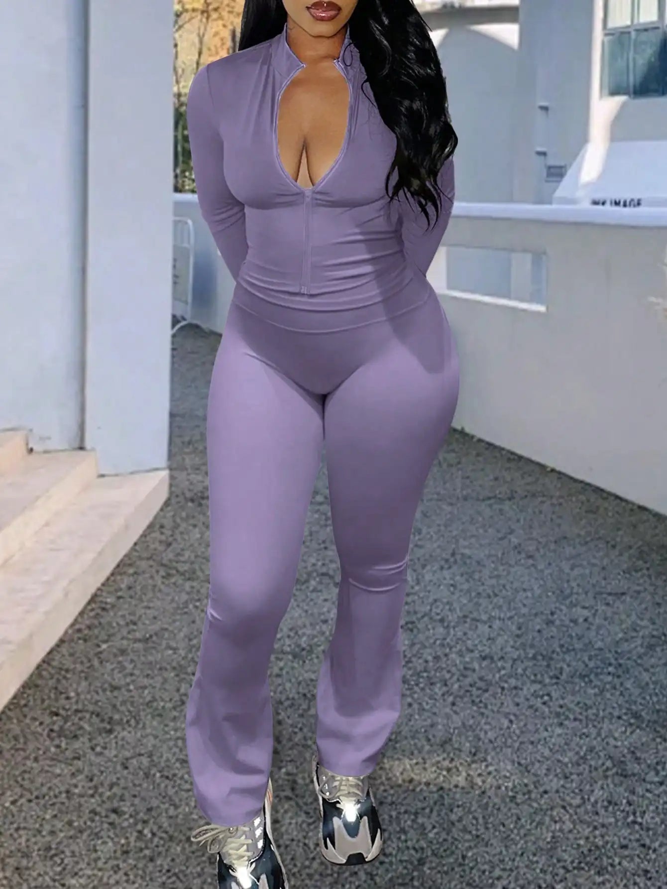 Sporty Women Three Piece Summer Set Top And Flared Pants
