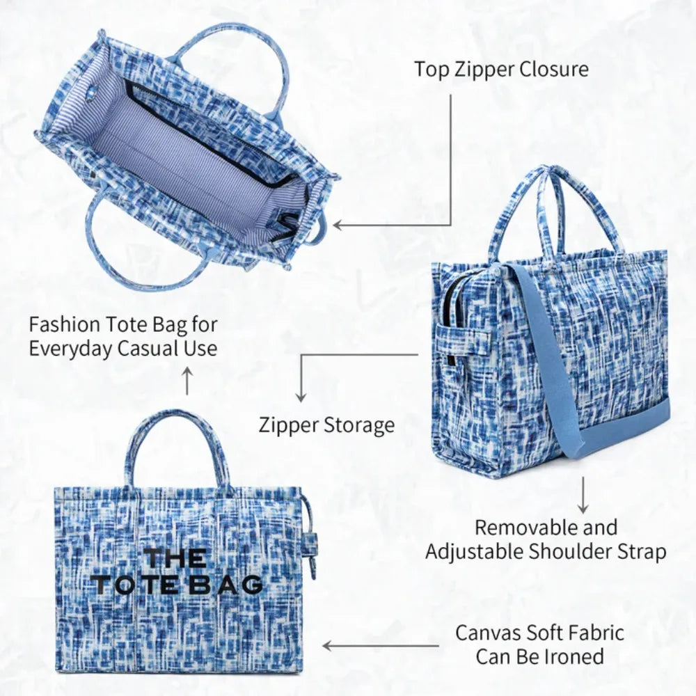 Denim Canvas Tote Bag For Women With Inner Pockets And Zipper