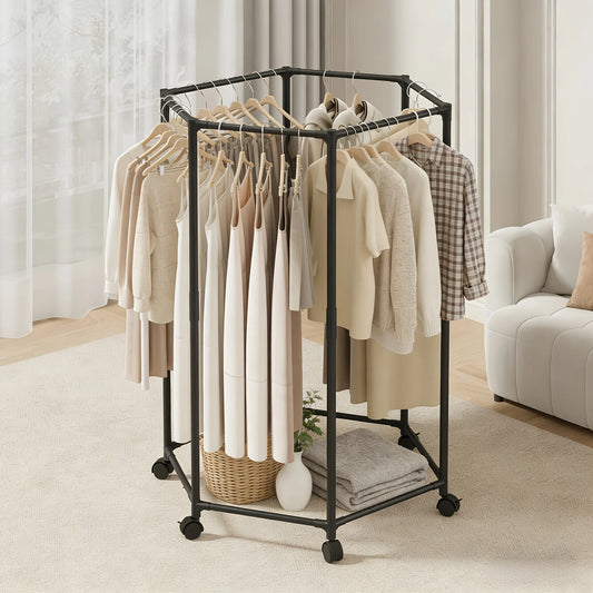 Hexagon Rotating Floor Clothes Rack Movable Indoor Garment Organizer