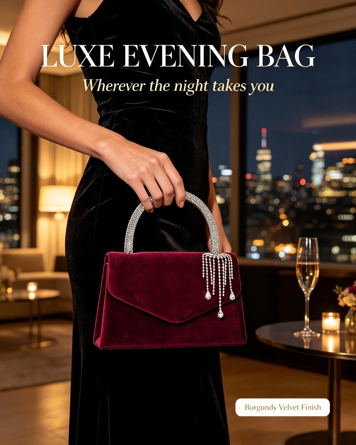 Women Velvet Envelope Clutch Featuring Rhinestone Chain Accent