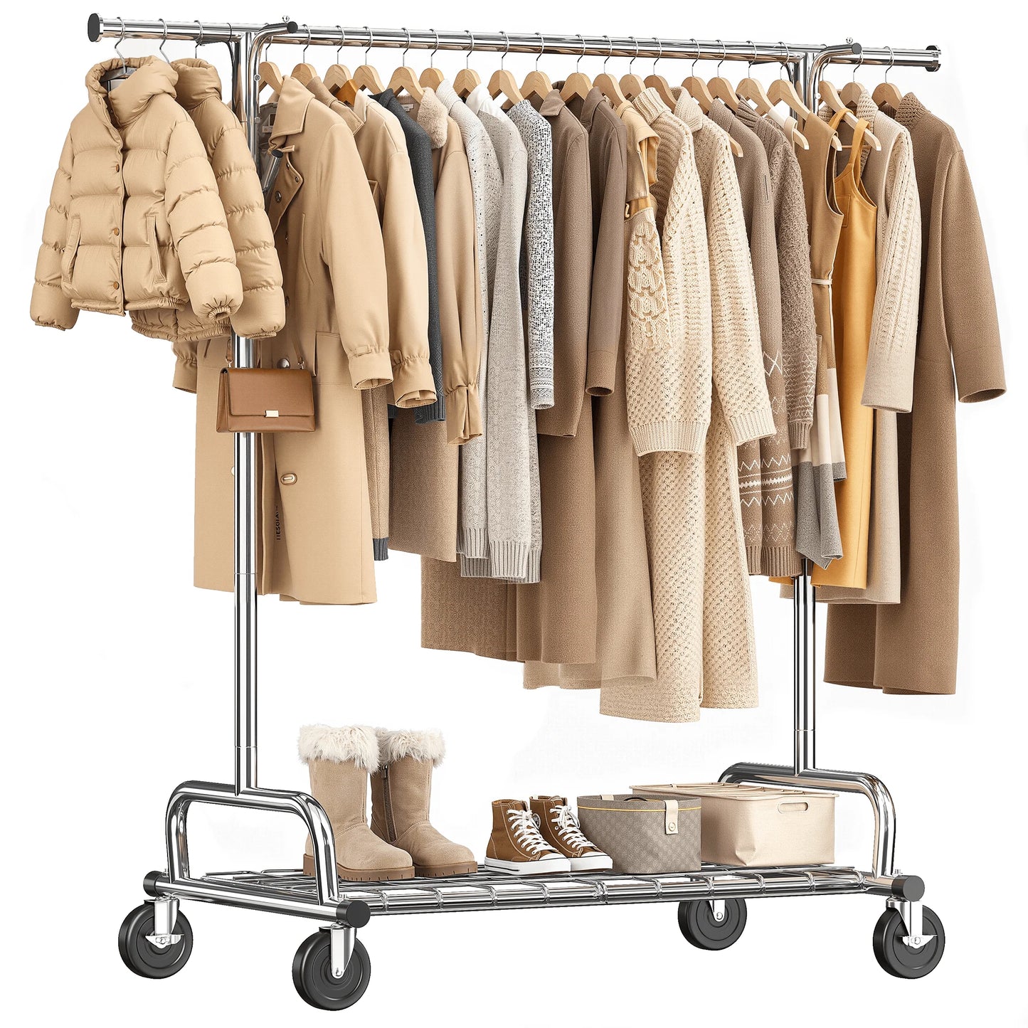 EnHomee Heavy Duty Garment Stand With Braked Casters Mesh Shelf
