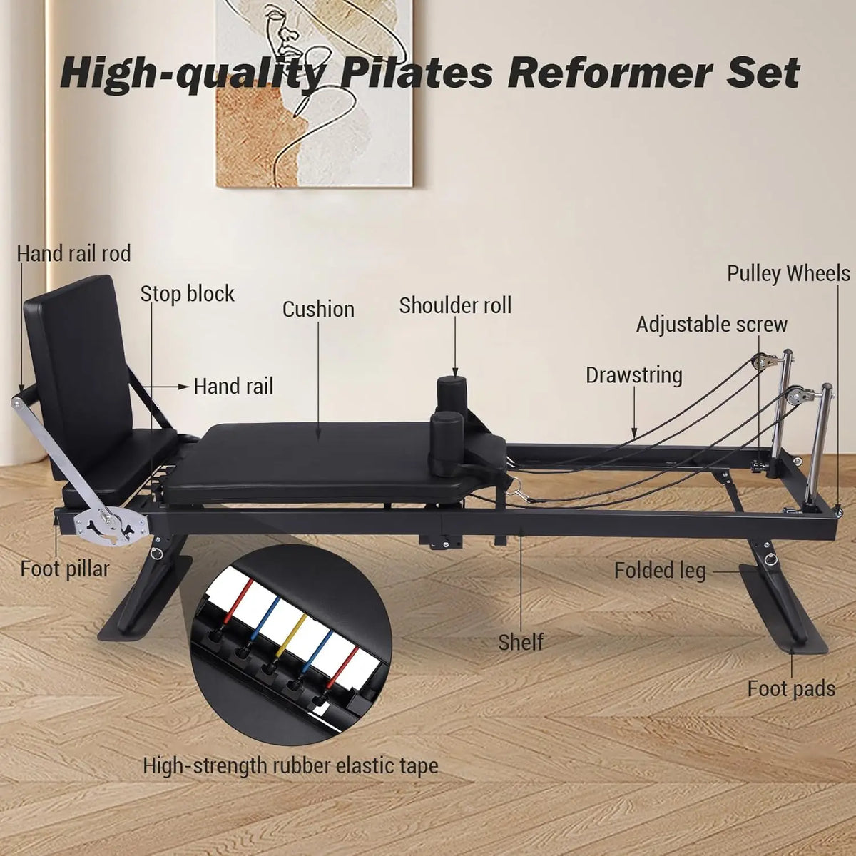 HiMISS Foldable Reformer Pilates Machine With Adjustable Spring System