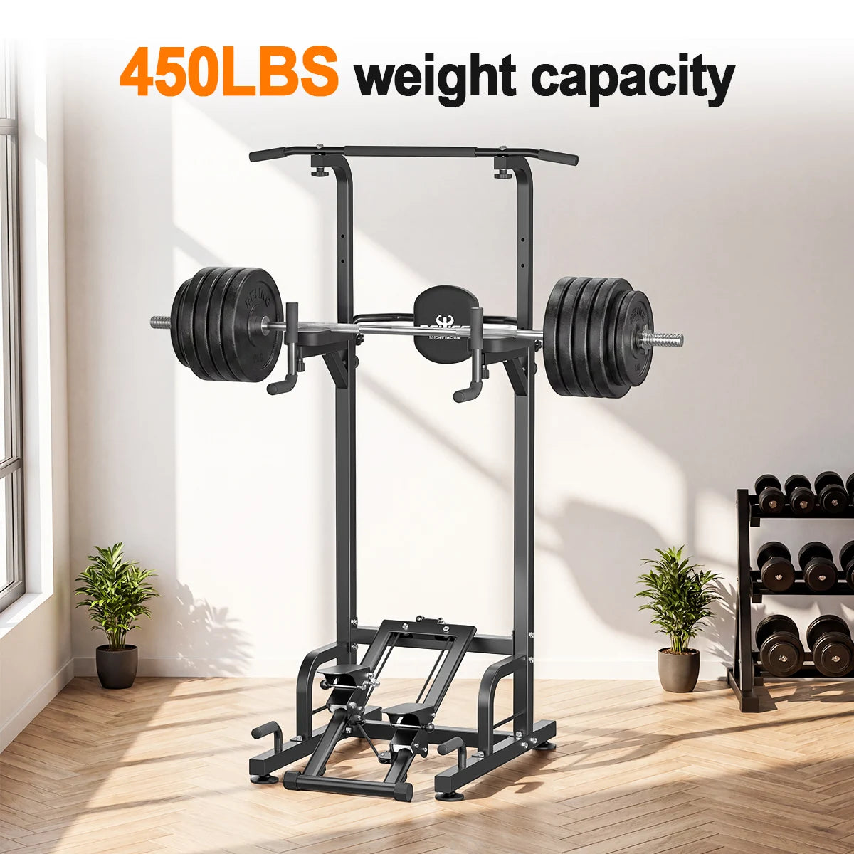 Pull Up Dip Power Tower With Stepper 450 LBS Capacity