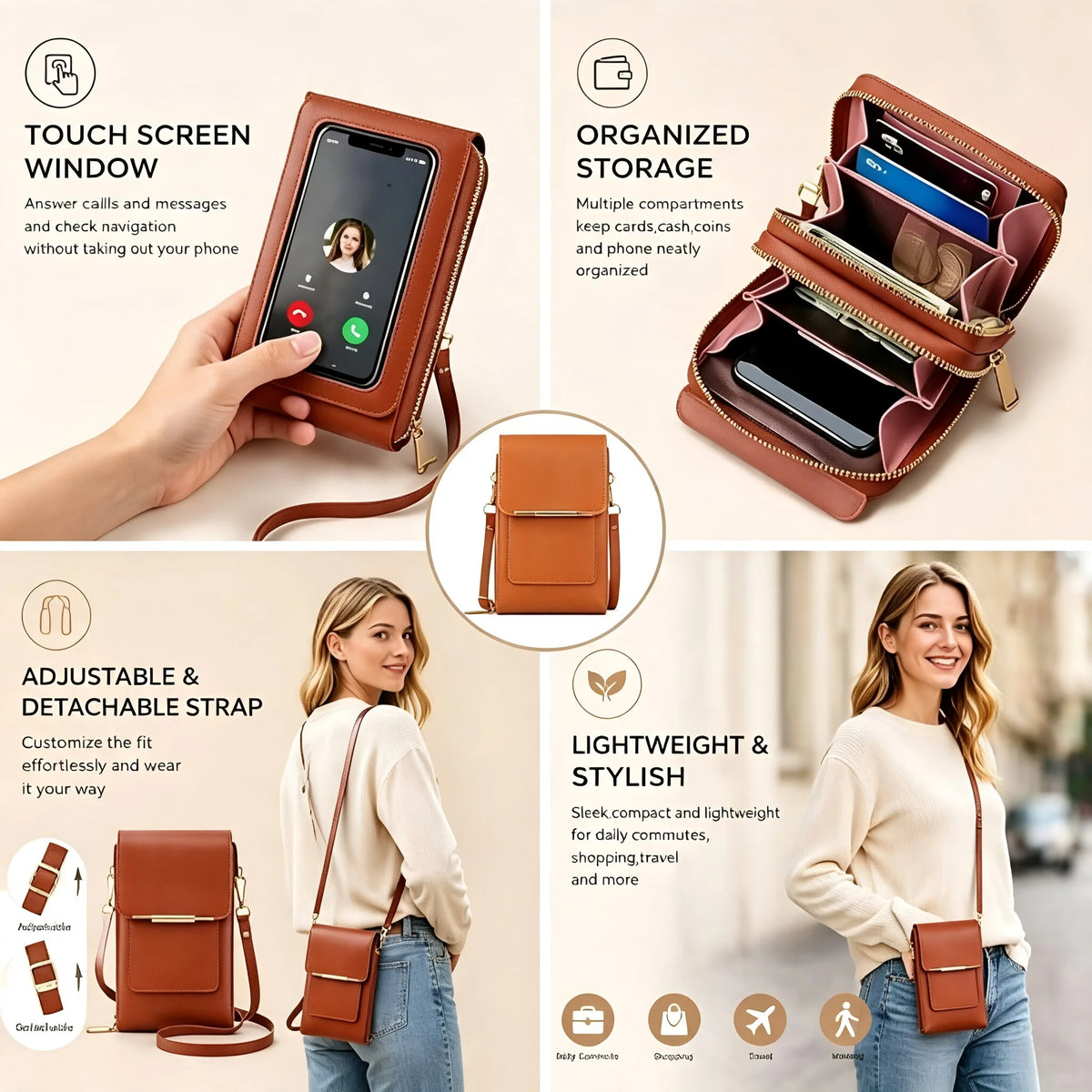 Women PU Leather Shoulder Bag With Touch Screen Window Zipper