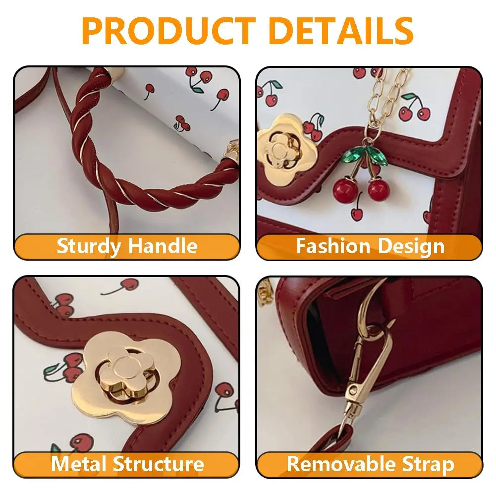 Cherry Print Crossbody Bag PU Leather Satchel With Removable Strap