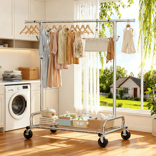 EnHomee Heavy Duty Garment Stand With Braked Casters Mesh Shelf