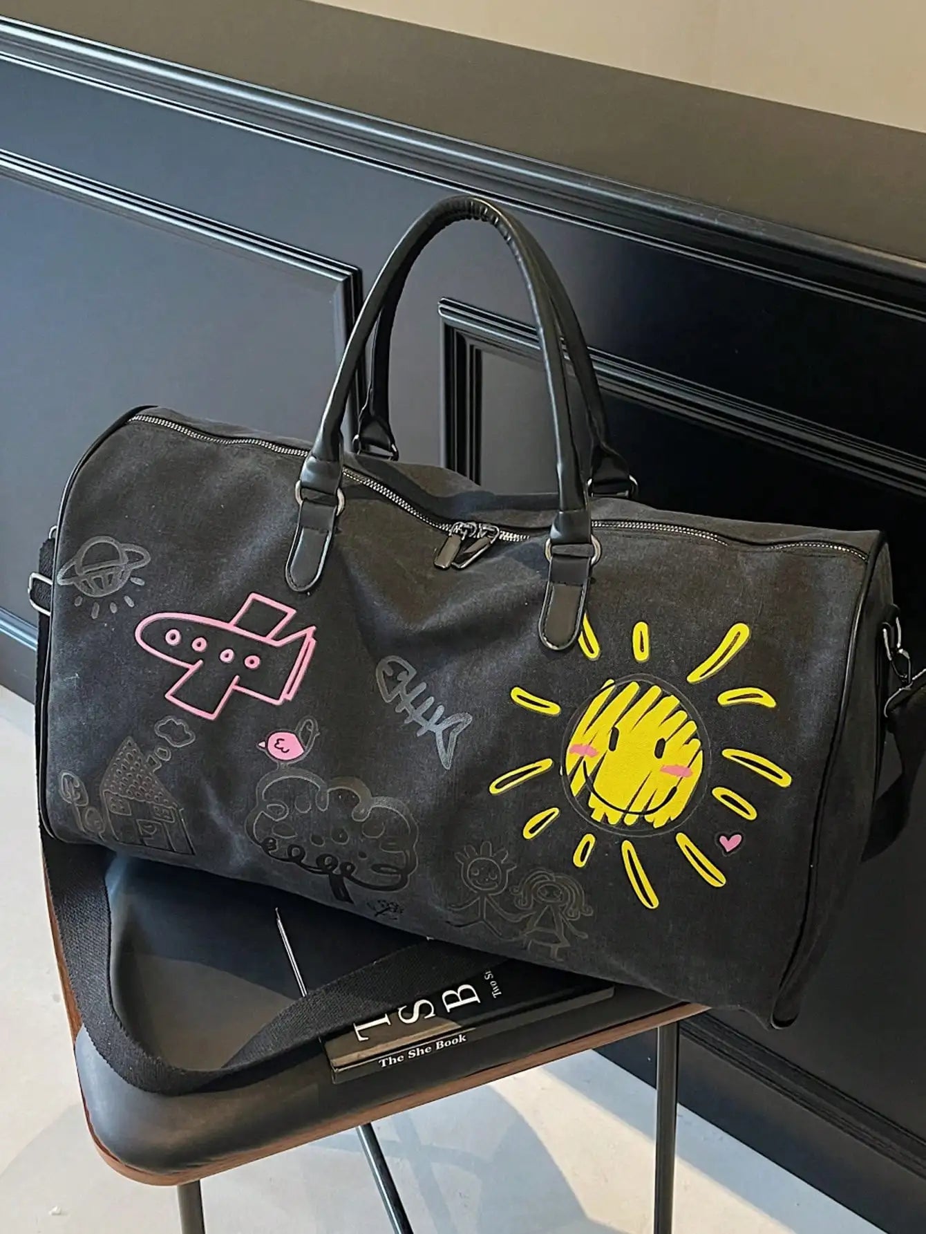 Cartoon Graffiti Travel Backpack With Zipper Shoulder Crossbody