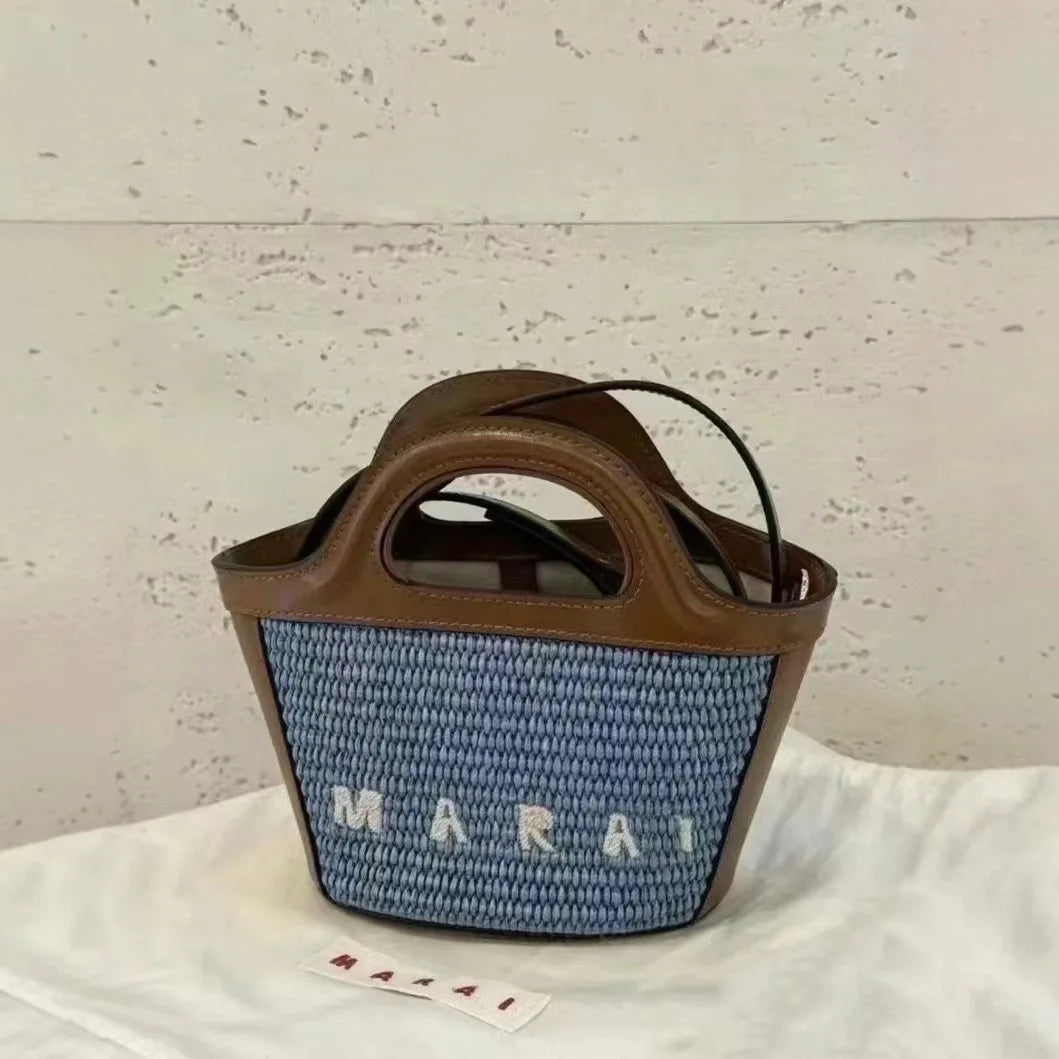 Denim Leather Tote Bag with Embroidery and Detachable Strap