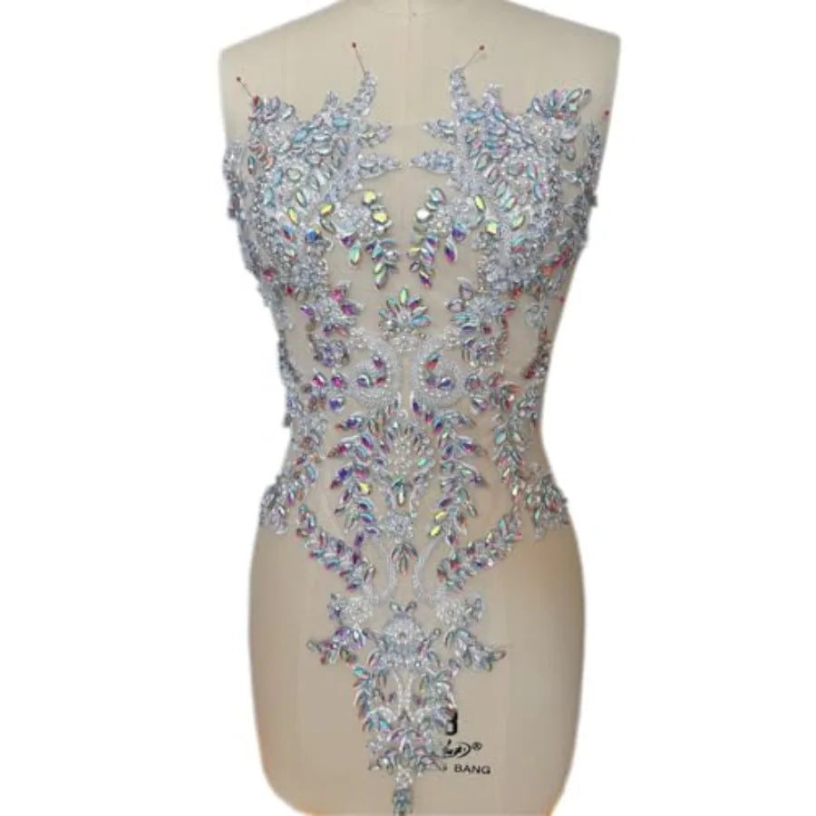 Handmade Bodice Rhinestones Applique Crystal Trim Glass Beads Lace Patches