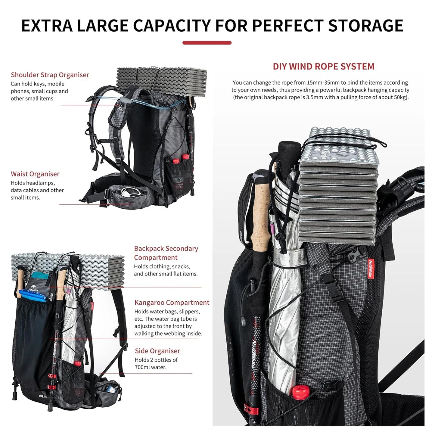 Naturehike Rock Outdoor Backpack Capacity Hiking Pack Rain Cover