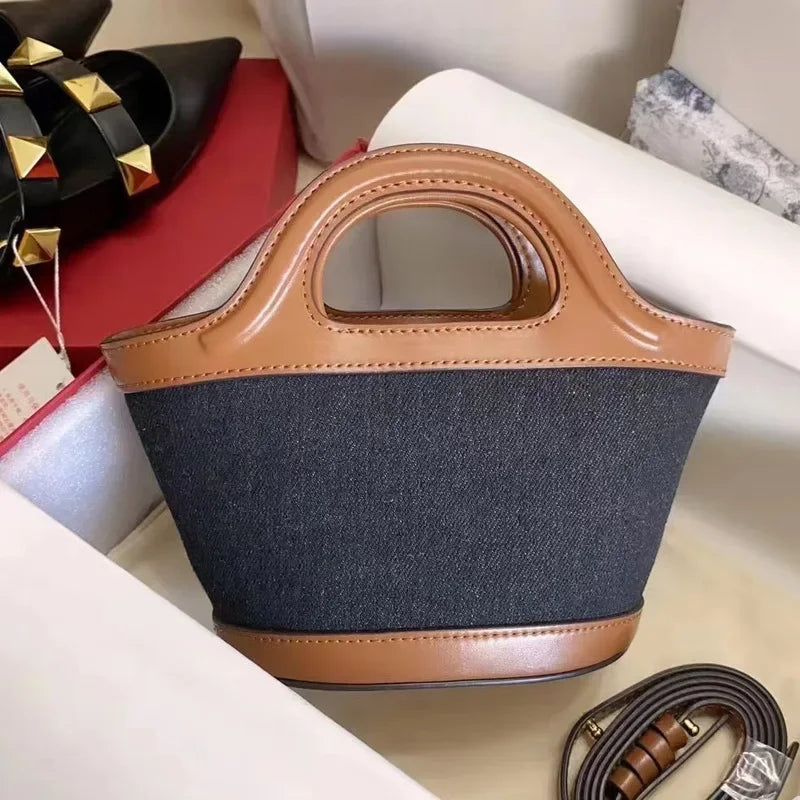 Denim Leather Tote Bag with Embroidery and Detachable Strap