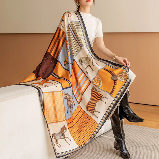 HYKMAIYW Luxury Horse Print Square Scarf Imitation Silk Shawl
