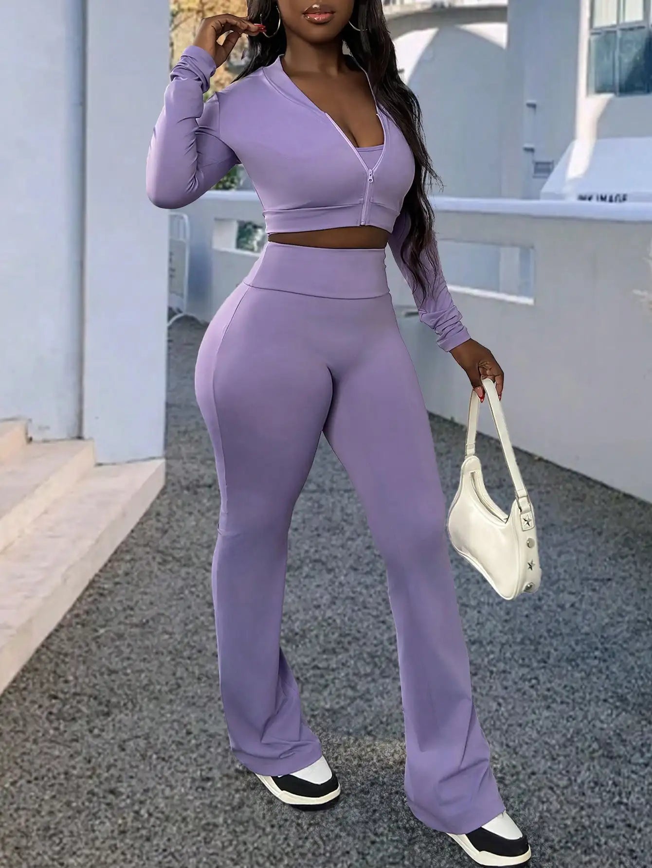Sporty Women Three Piece Summer Set Top And Flared Pants