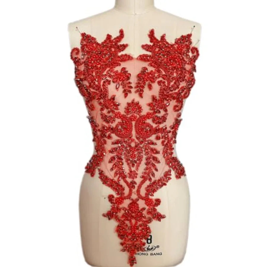 Handmade Bodice Rhinestones Applique Crystal Trim Glass Beads Lace Patches