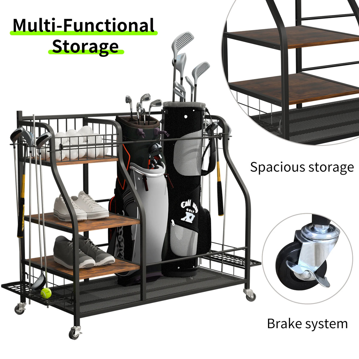 Rolling Golf Bag Storage Rack With Wheels And Equipment Shelves