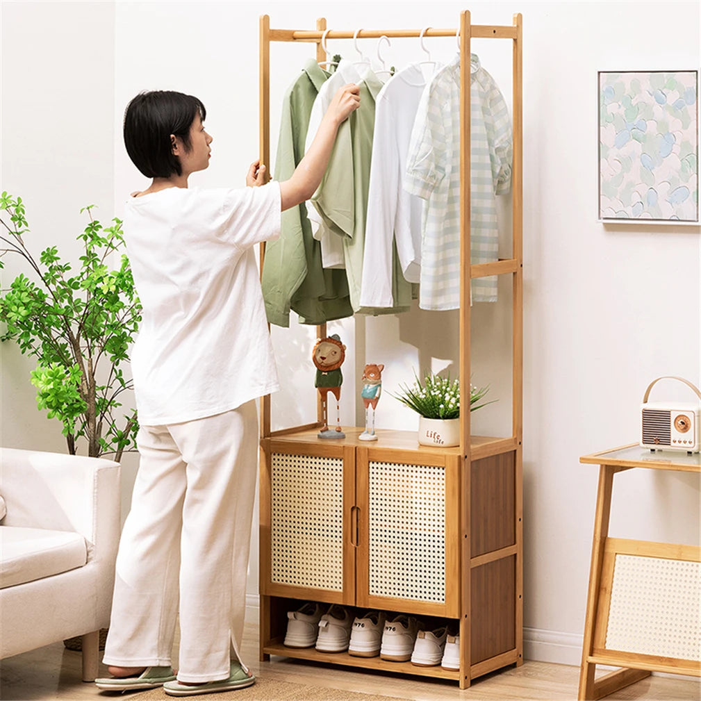 Bamboo Garment Rack With Hanging Rod And Shoe Shelves