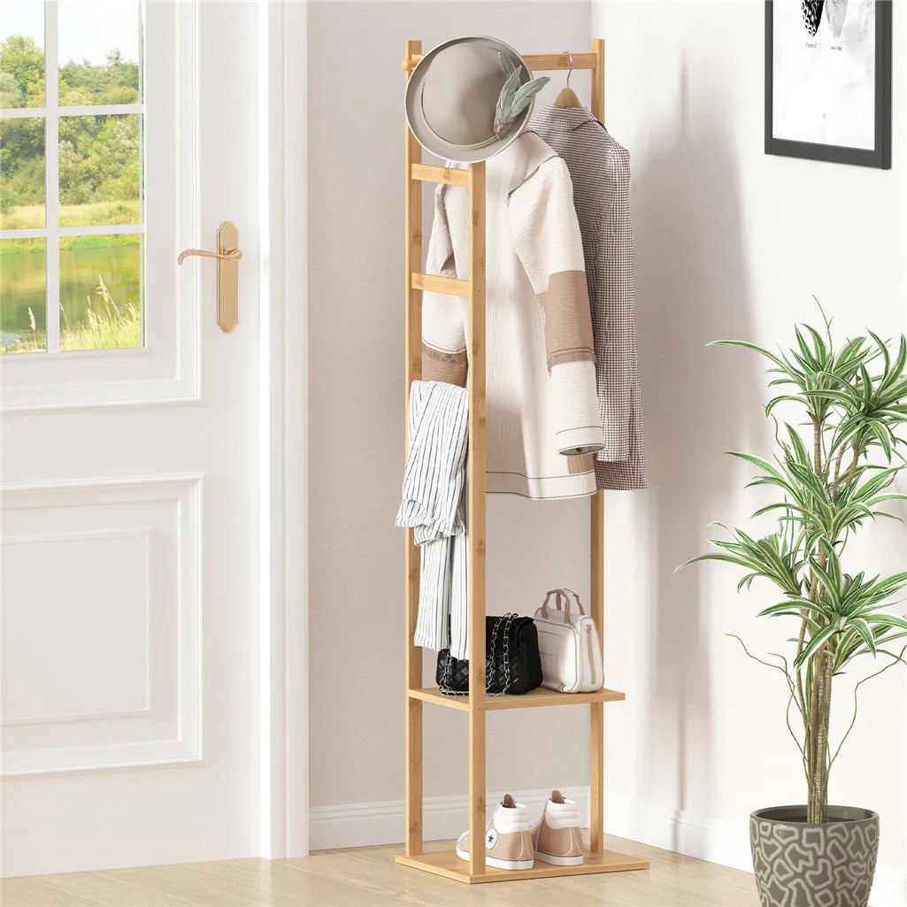 Bamboo Garment Coat Rack With Wooden Hanger Holder Shelf
