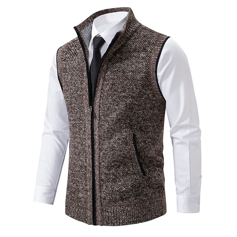 Men's Knit Zipper Vest Mandarin Collar Sleeveless Casual