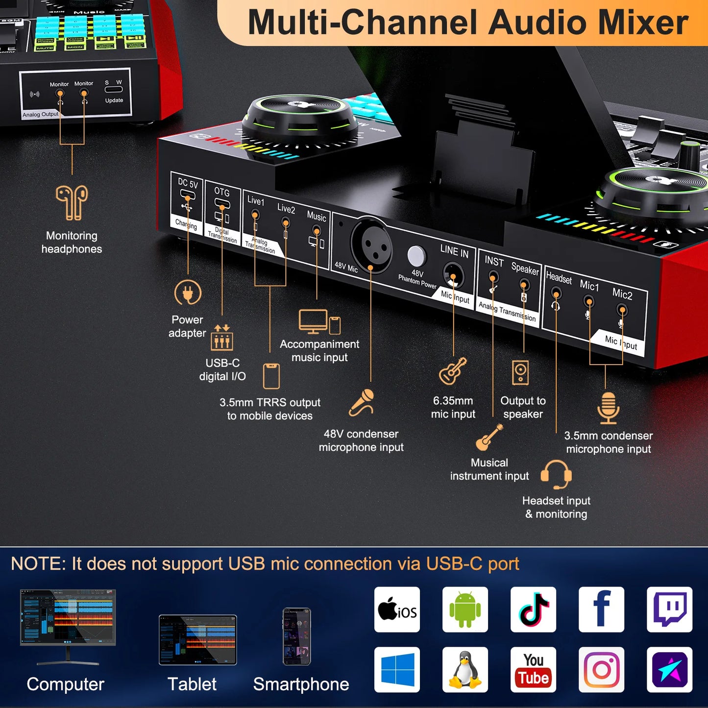 Tenlamp Audio Interface Mixer Bundle for Recording and Streaming
