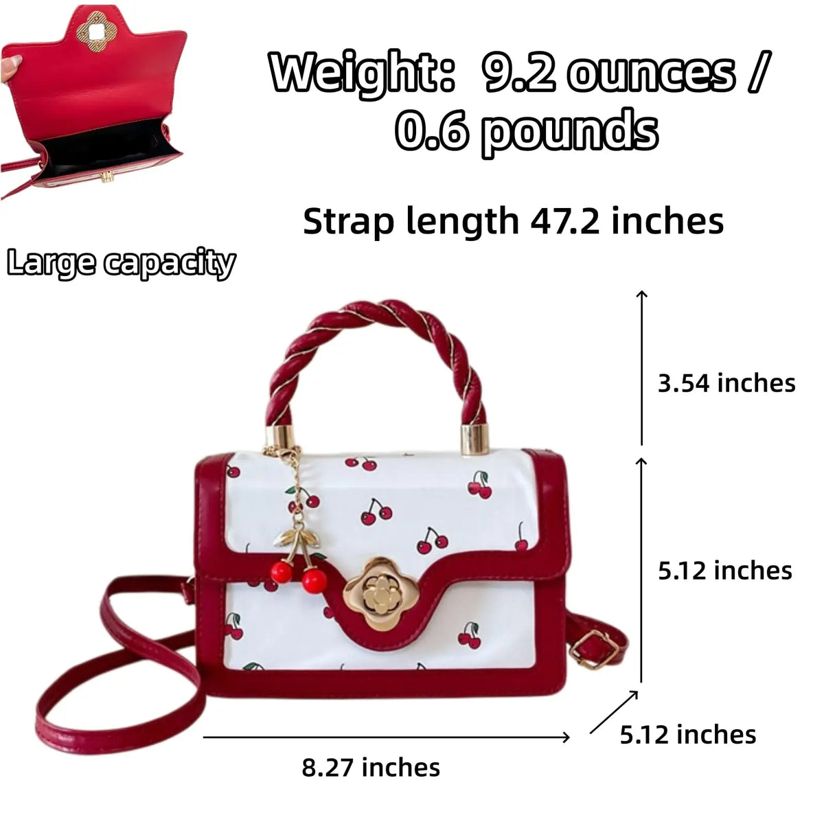 Cherry Print Crossbody Bag PU Leather Satchel With Removable Strap