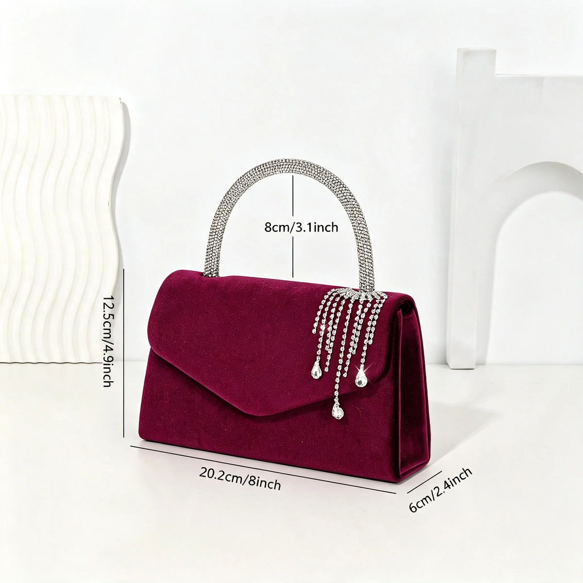 Women Velvet Envelope Clutch Featuring Rhinestone Chain Accent