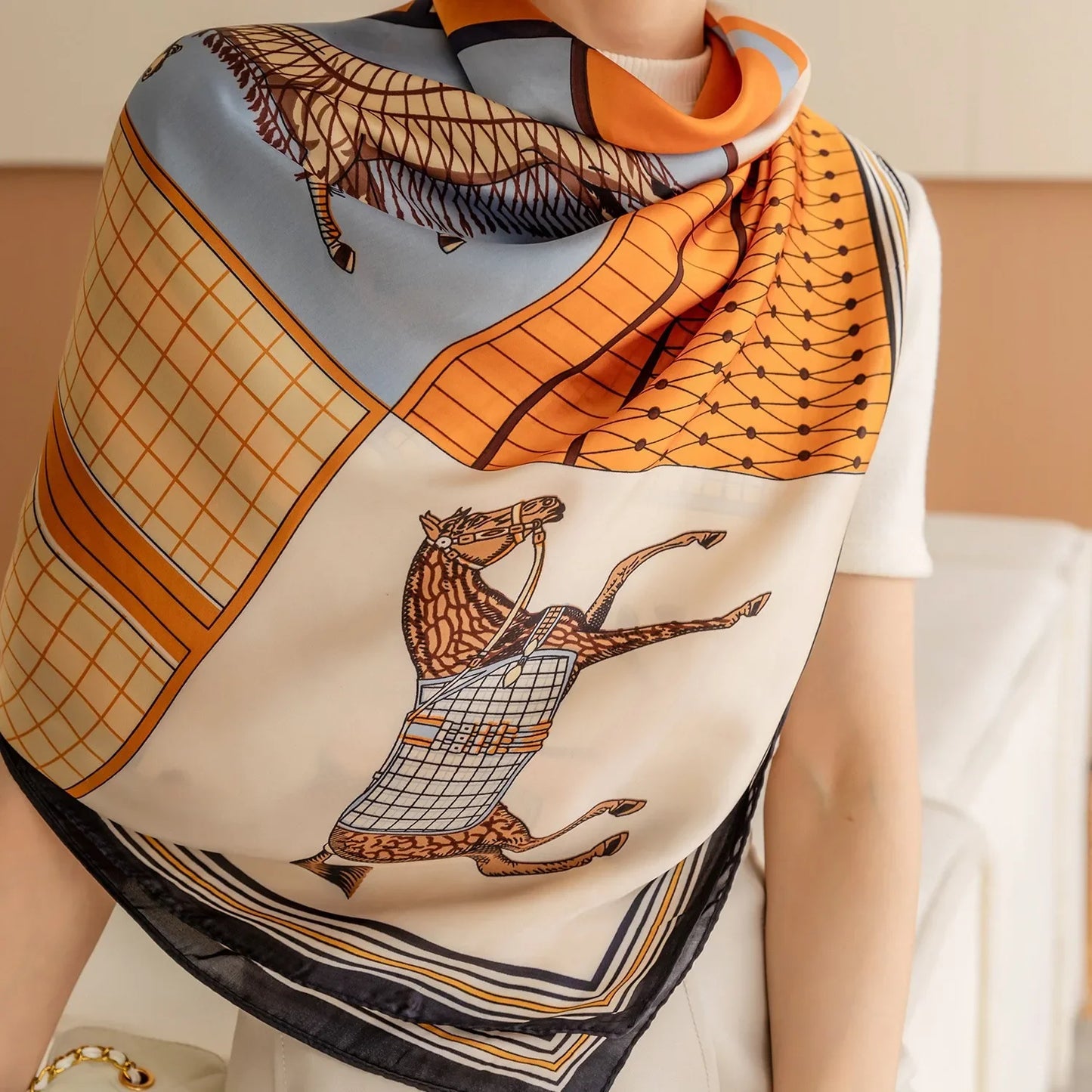 HYKMAIYW Luxury Horse Print Square Scarf Imitation Silk Shawl