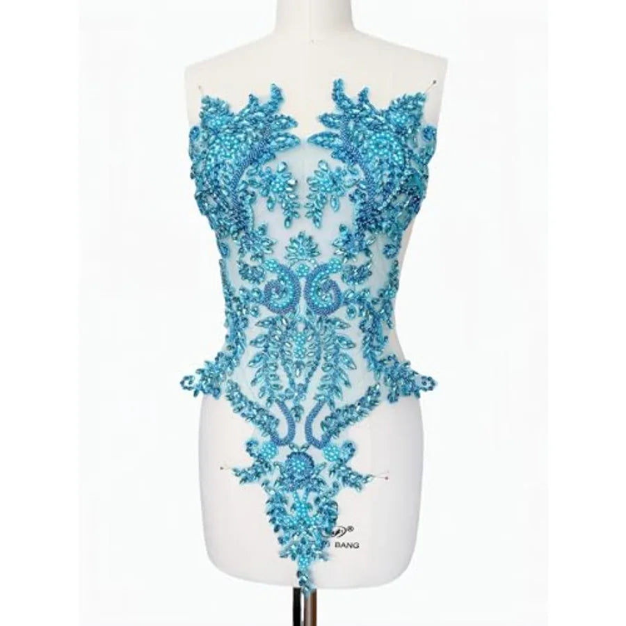 Handmade Bodice Rhinestones Applique Crystal Trim Glass Beads Lace Patches