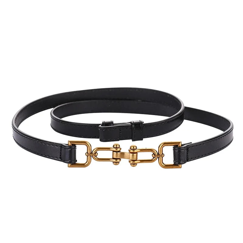 Womens Adjustable Thin Leather Belt With Decorative Buckle