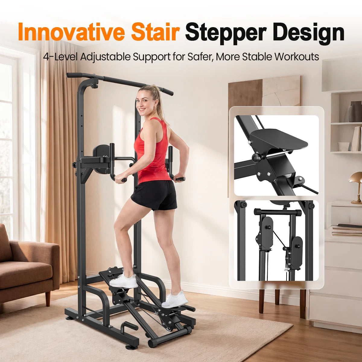 Pull Up Dip Power Tower With Stepper 450 LBS Capacity