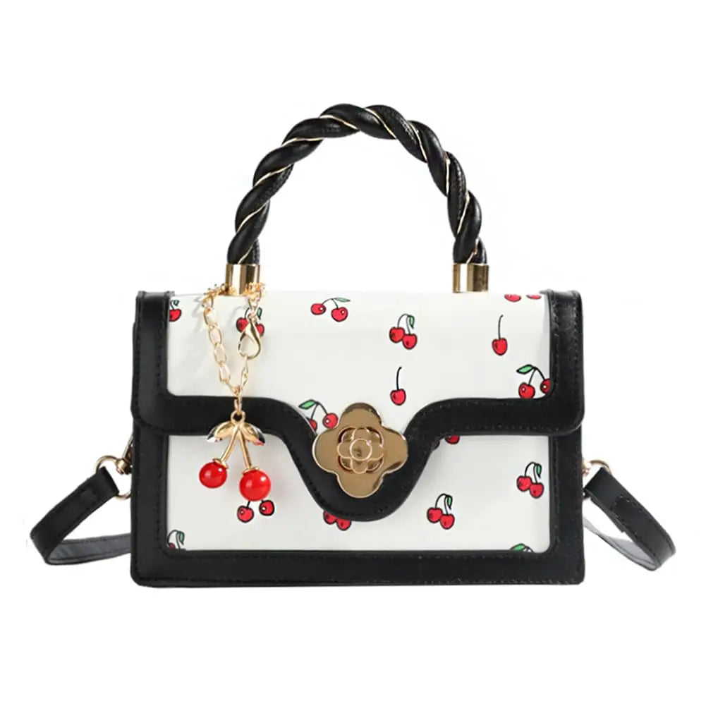 Cherry Print Crossbody Bag PU Leather Satchel With Removable Strap