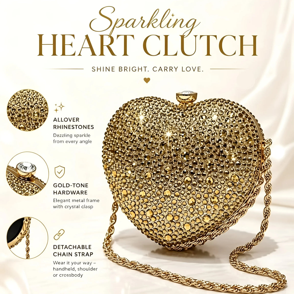 Elegant Rhinestone Heart Crossbody Clutch Bag For Women