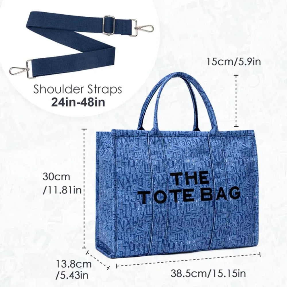 Denim Canvas Tote Bag For Women With Inner Pockets And Zipper