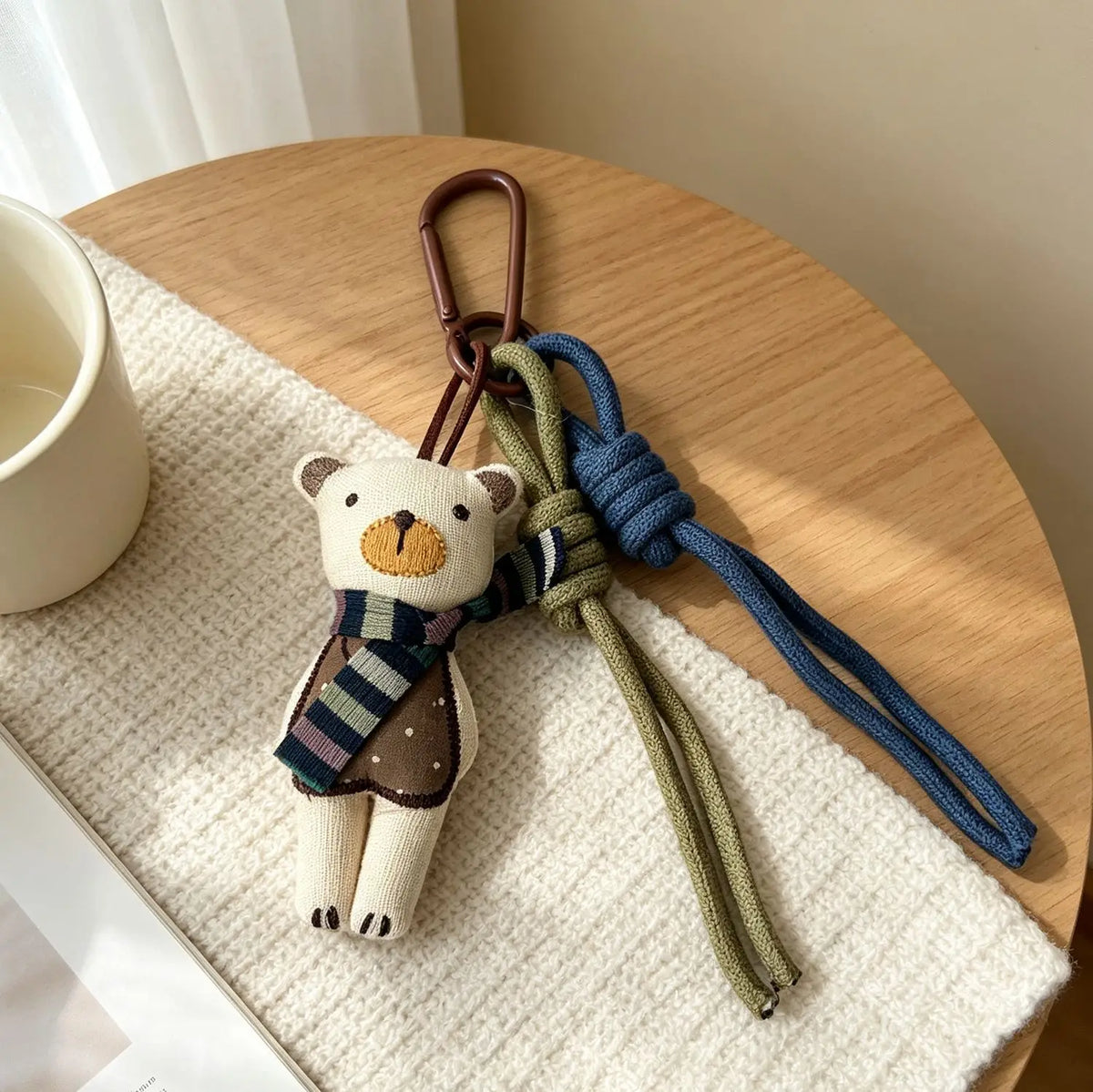 Adorable Teddy Bear Fabric Bag Charm With Scarf Braided Clip