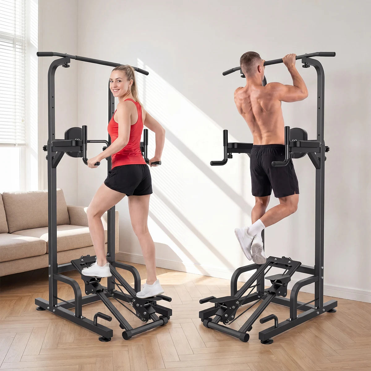 Pull Up Dip Power Tower With Stepper 450 LBS Capacity